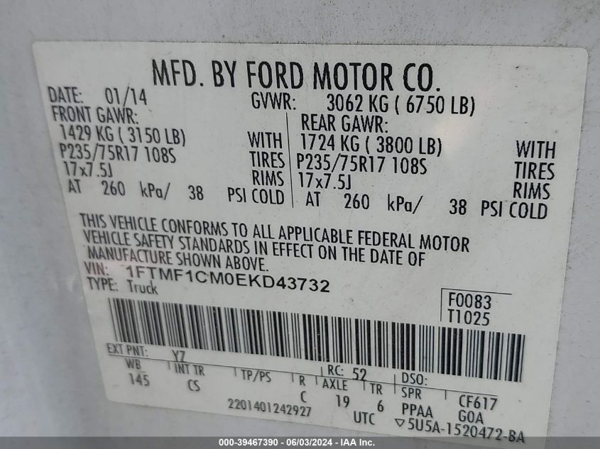 2014 Ford F-150 Xl VIN: 1FTMF1CM0EKD43732 Lot: 39467390