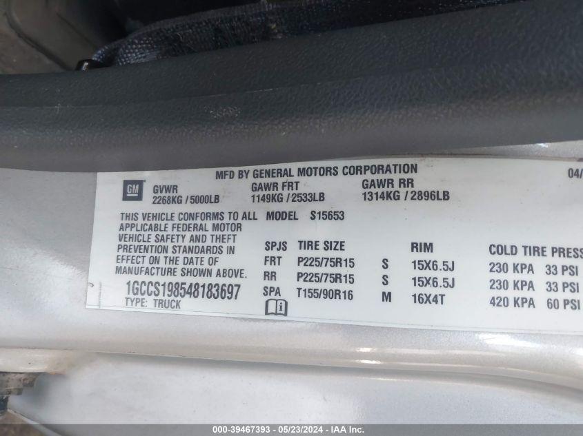 2004 Chevrolet Colorado Ls VIN: 1GCCS198548183697 Lot: 39467393