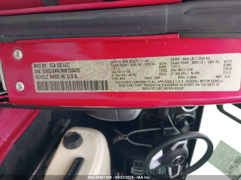 2022 Jeep Wrangler Sport S 4X4 VIN: 1C4GJXAN1NW150430 Lot: 39467409