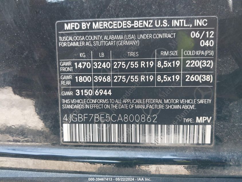 2012 Mercedes-Benz Gl 450 4Matic VIN: 4JGBF7BE5CA800862 Lot: 39467413