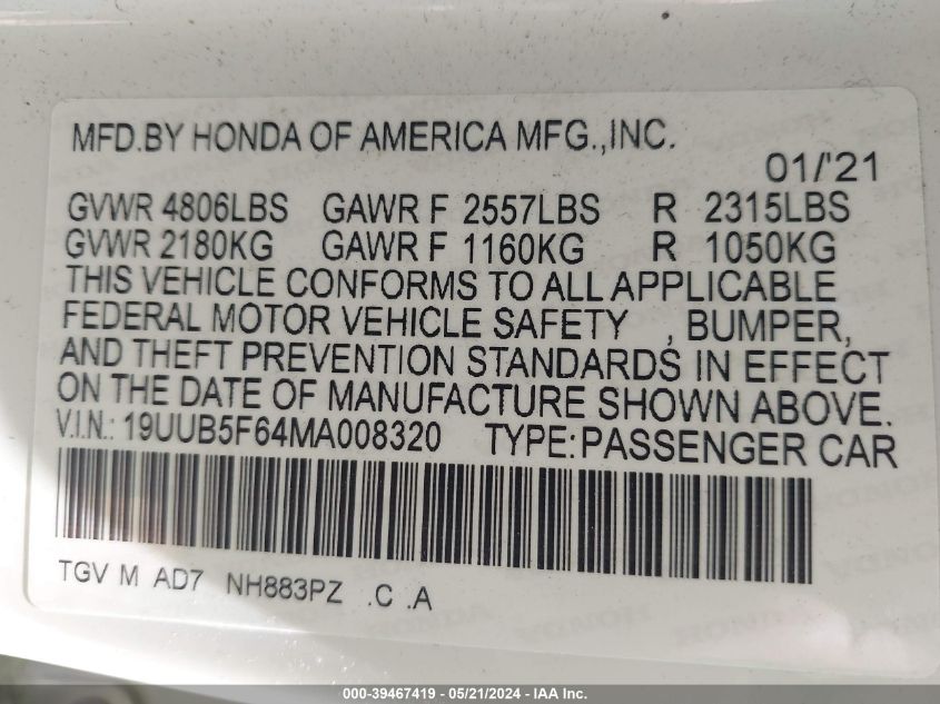 2021 Acura Tlx Advance Package VIN: 19UUB5F64MA008320 Lot: 39467419