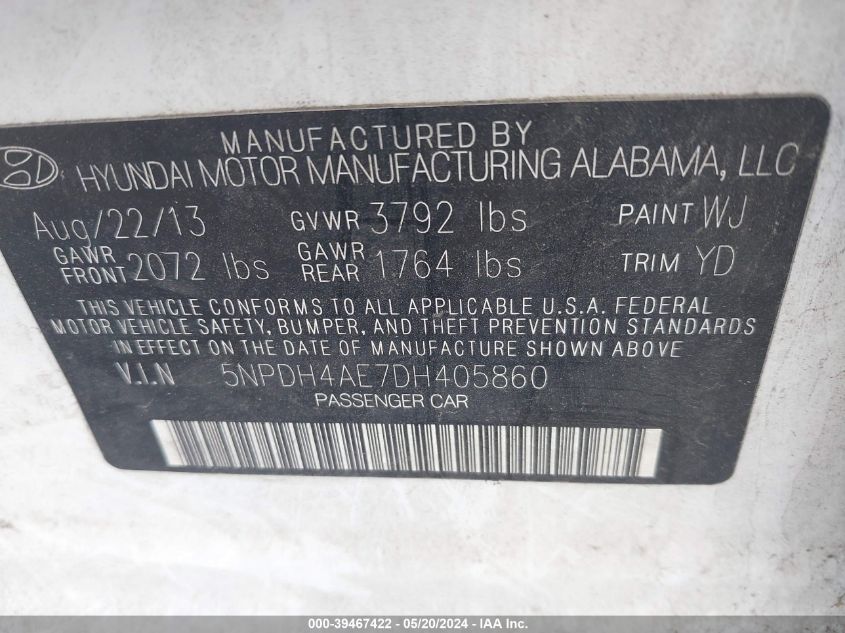 2013 Hyundai Elantra Gls VIN: 5NPDH4AE7DH405860 Lot: 39467422