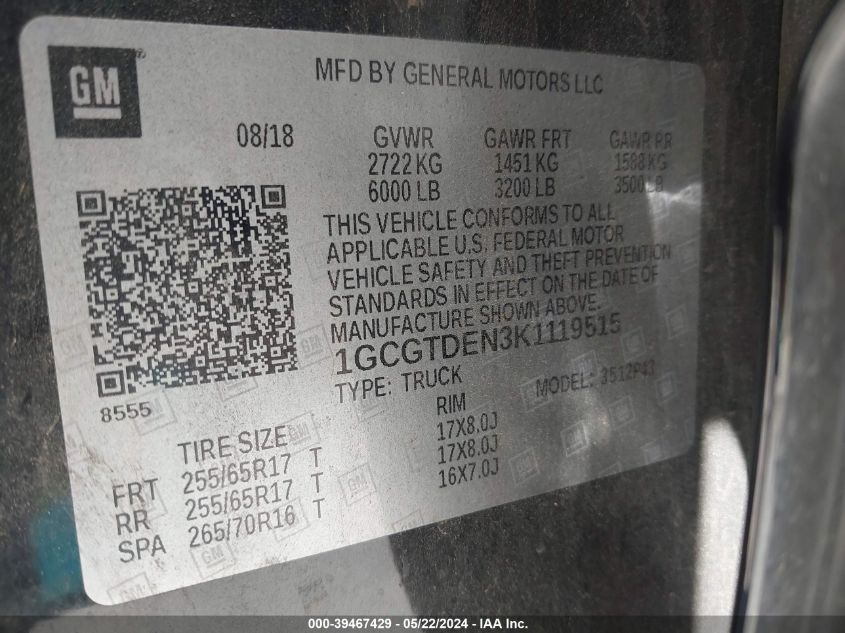 2019 Chevrolet Colorado Z71 VIN: 1GCGTDEN3K1119515 Lot: 39467429