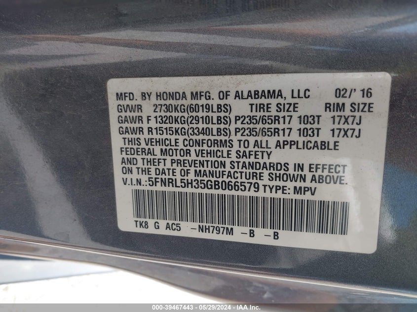 2016 Honda Odyssey Se VIN: 5FNRL5H35GB066579 Lot: 39467443