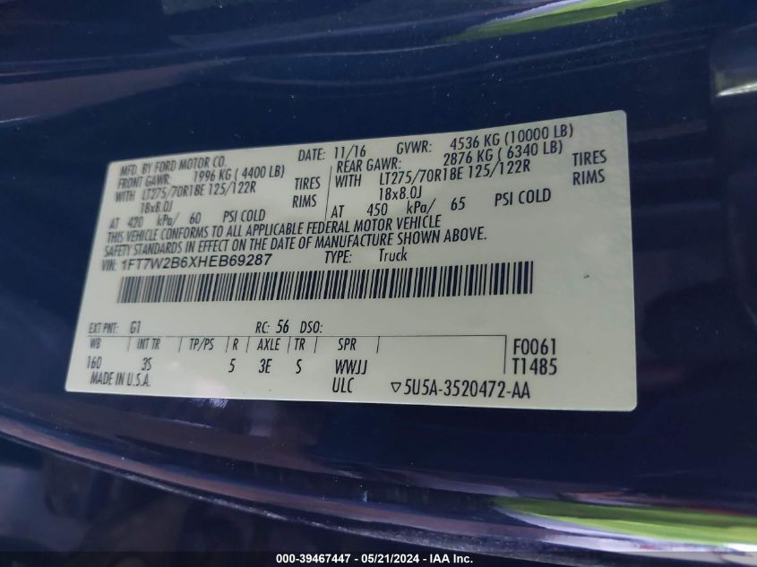 2017 Ford F-250 Xlt VIN: 1FT7W2B6XHEB69287 Lot: 39467447