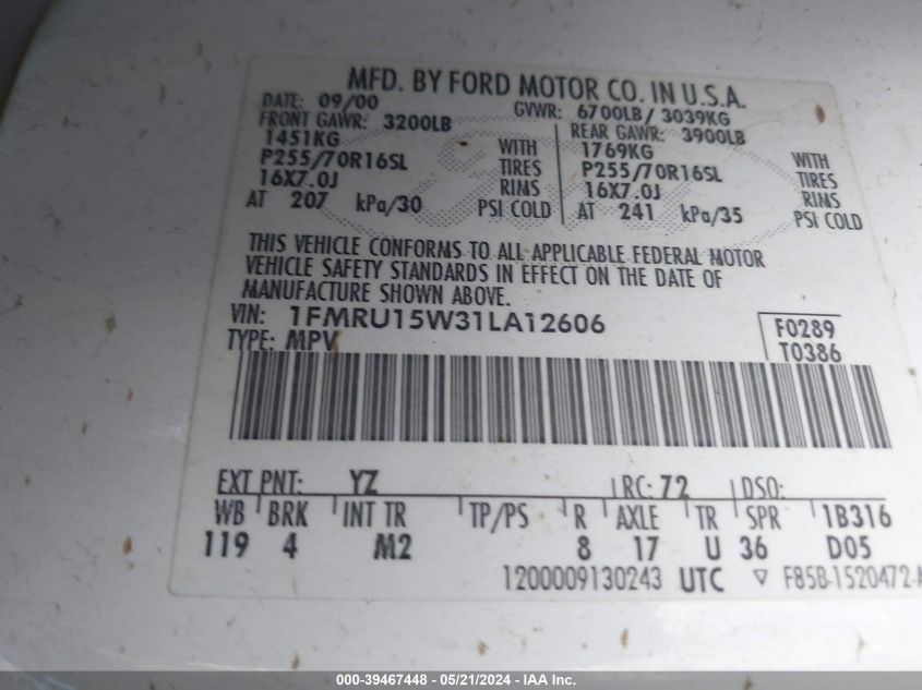 2001 Ford Expedition Xlt VIN: 1FMRU15W31LA12606 Lot: 39467448