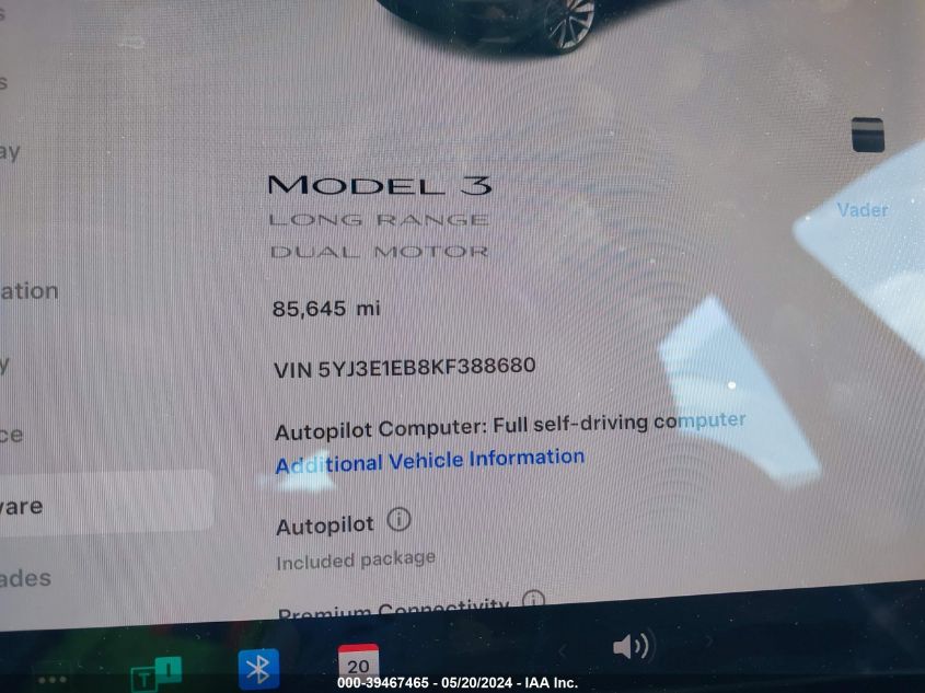 2019 Tesla Model 3 Long Range/Performance VIN: 5YJ3E1EB8KF388680 Lot: 39467465