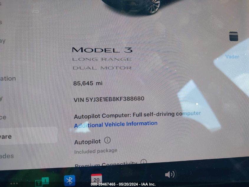 2019 Tesla Model 3 Long Range/Performance VIN: 5YJ3E1EB8KF388680 Lot: 39467465