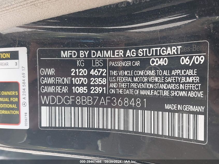 2010 Mercedes-Benz C 300 Luxury 4Matic/Sport 4Matic VIN: WDDGF8BB7AF368481 Lot: 39467466