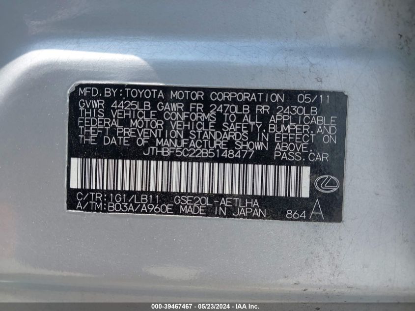 2011 Lexus Is 250 VIN: JTHBF5C22B5148477 Lot: 39467467