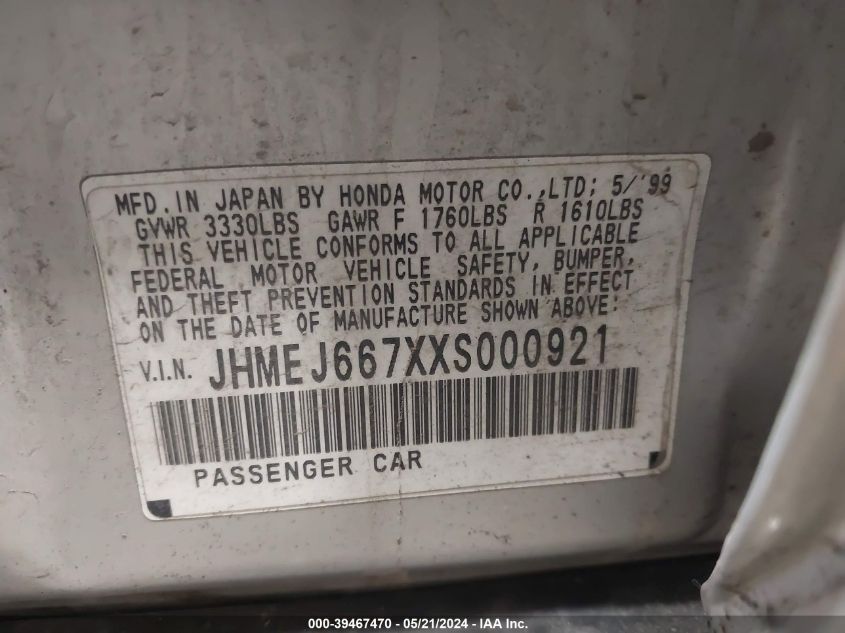 1999 Honda Civic Lx VIN: JHMEJ667XXS000921 Lot: 39467470