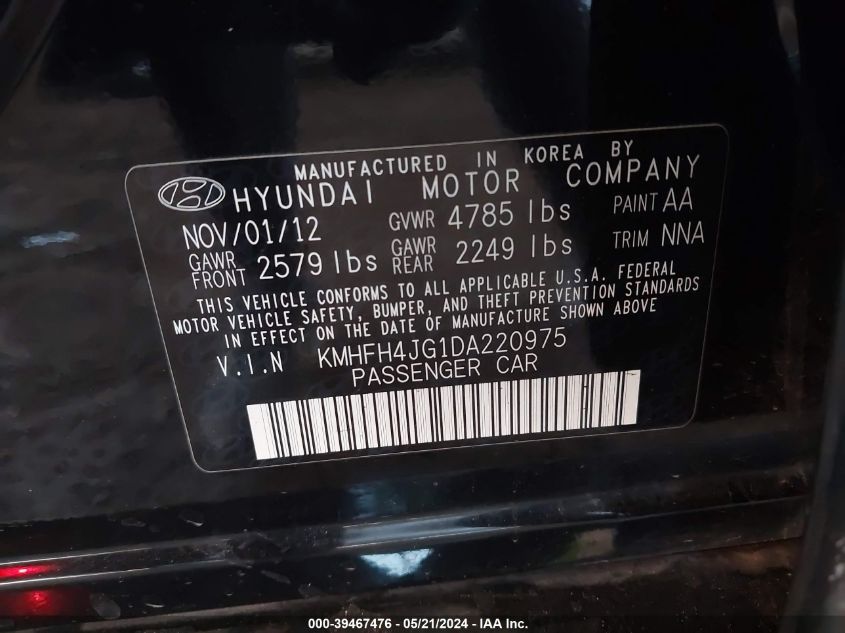 2013 Hyundai Azera VIN: KMHFH4JG1DA220975 Lot: 39467476