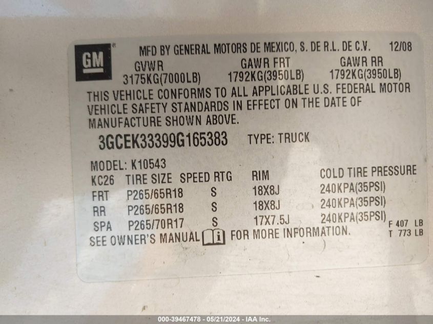 2009 Chevrolet Silverado 1500 Ltz VIN: 3GCEK33399G165383 Lot: 39467478