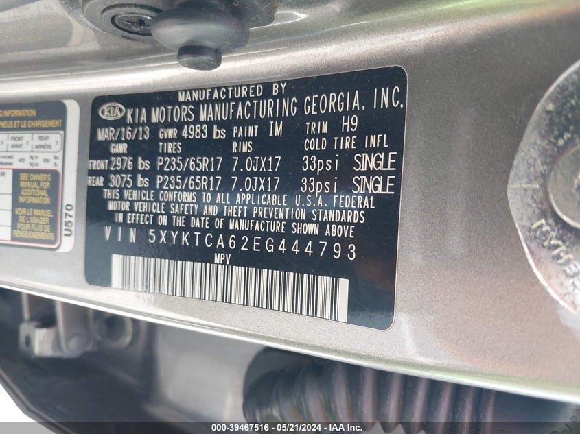 2014 Kia Sorento Lx VIN: 5XYKTCA62EG444793 Lot: 39467516