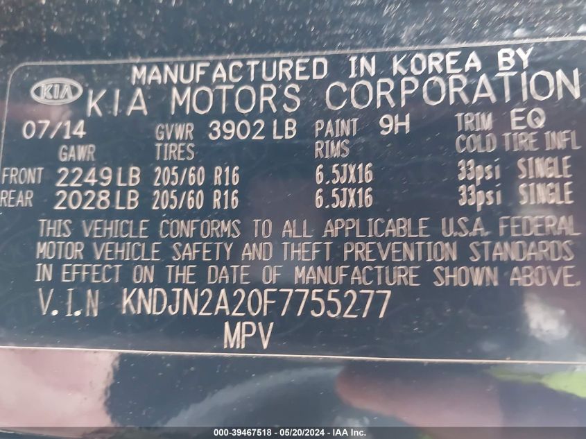 2015 Kia Soul VIN: KNDJN2A20F7755277 Lot: 39467518