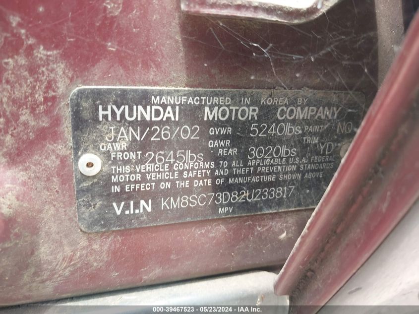 2002 Hyundai Santa Fe Gls/Lx VIN: KM8SC73D82U233817 Lot: 39467523