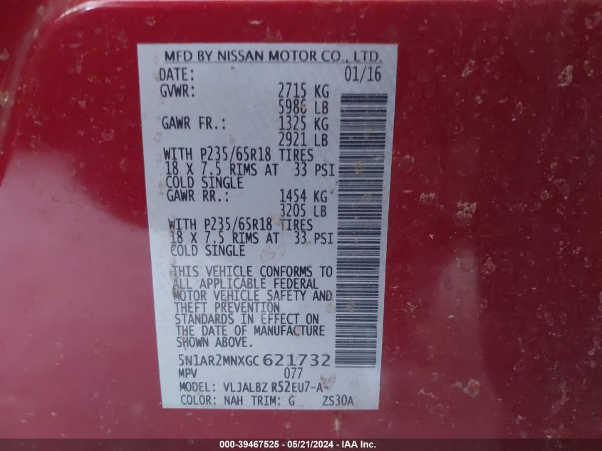 2016 Nissan Pathfinder S VIN: 5N1AR2MNXGC621732 Lot: 39467525