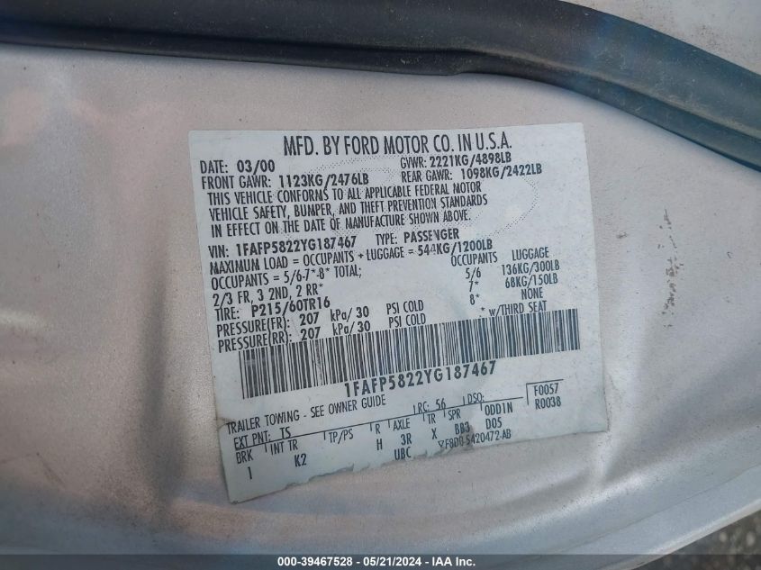 2000 Ford Taurus Se VIN: 1FAFP5822YG187467 Lot: 39467528
