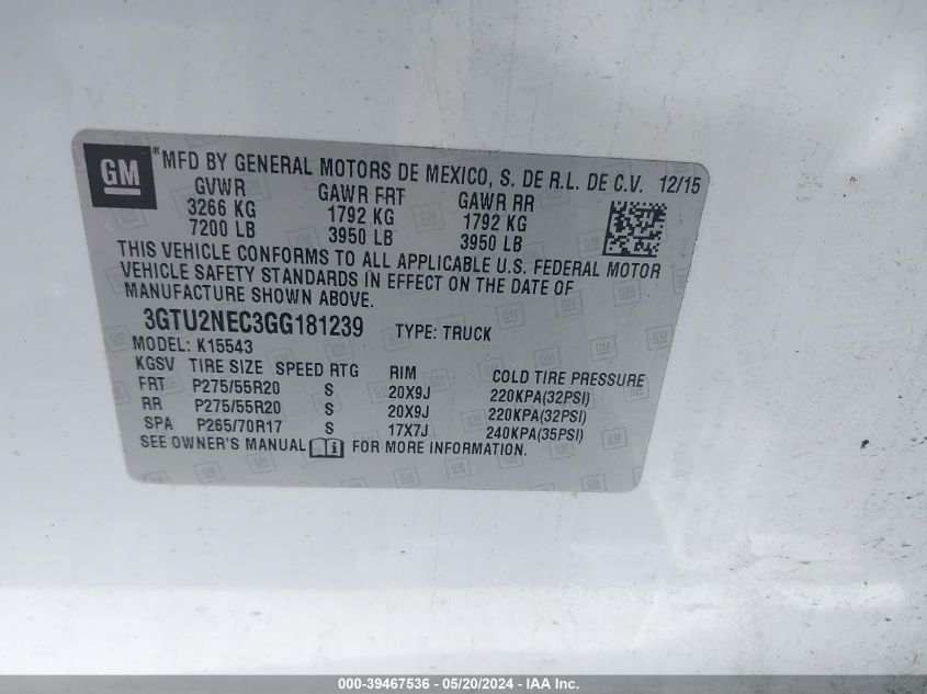 2016 GMC Sierra 1500 Slt VIN: 3GTU2NEC3GG181239 Lot: 39467536