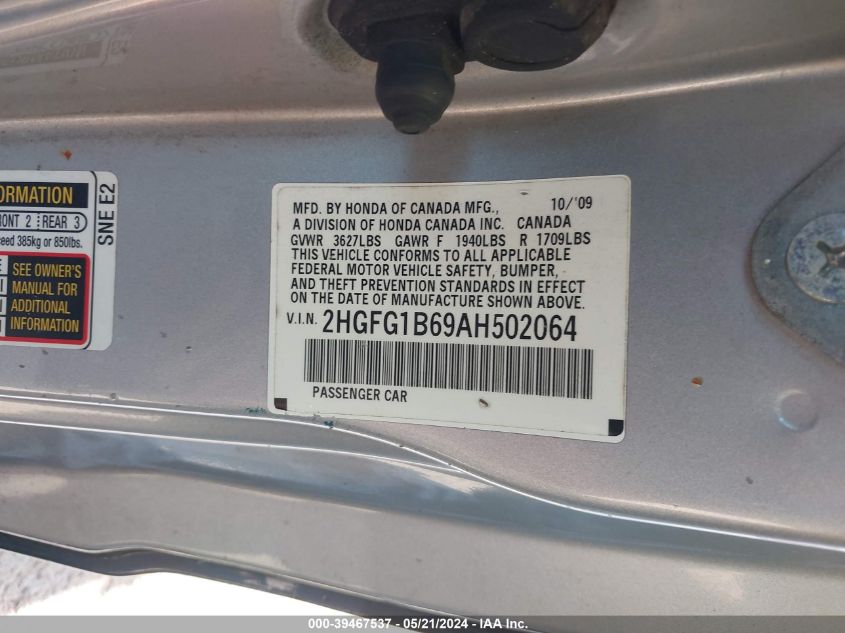 2010 Honda Civic Lx VIN: 2HGFG1B69AH502064 Lot: 39467537