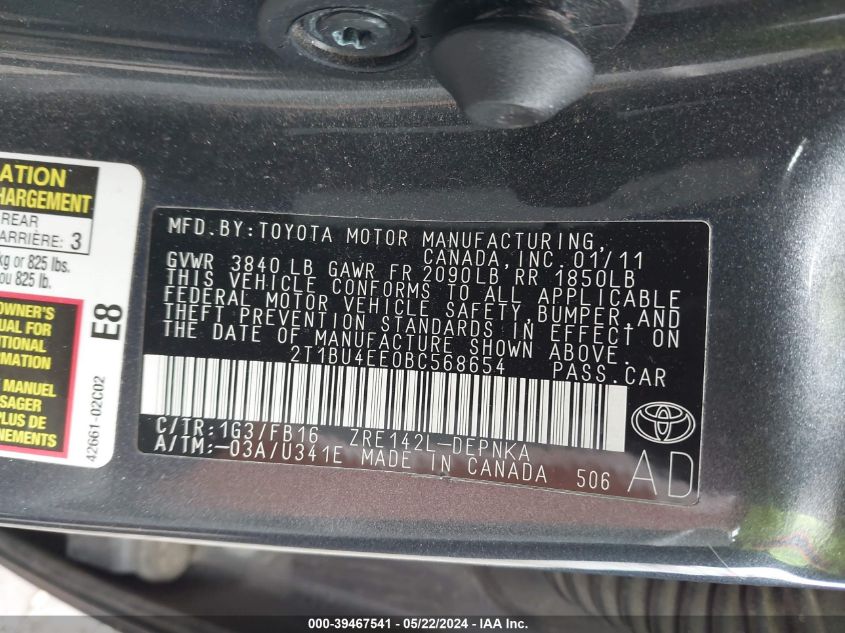 2011 Toyota Corolla Le VIN: 2T1BU4EE0BC568654 Lot: 39467541