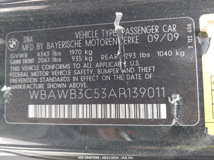 2010 BMW 328I VIN: WBAWB3C53AP139011 Lot: 39467556