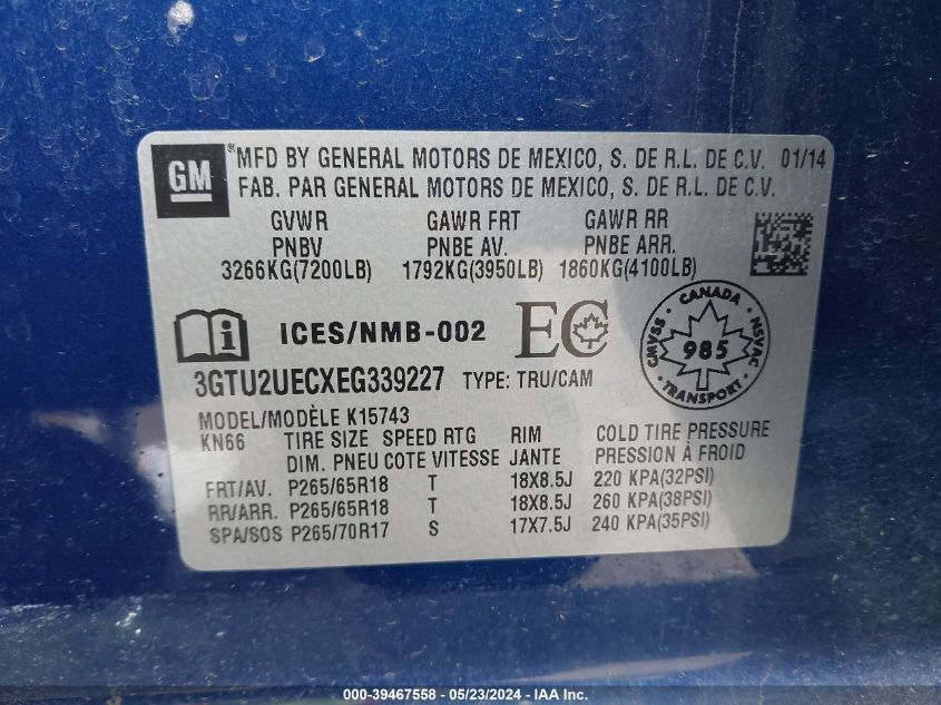 2014 GMC Sierra 1500 Sle VIN: 3GTU2UECXEG339227 Lot: 39467558