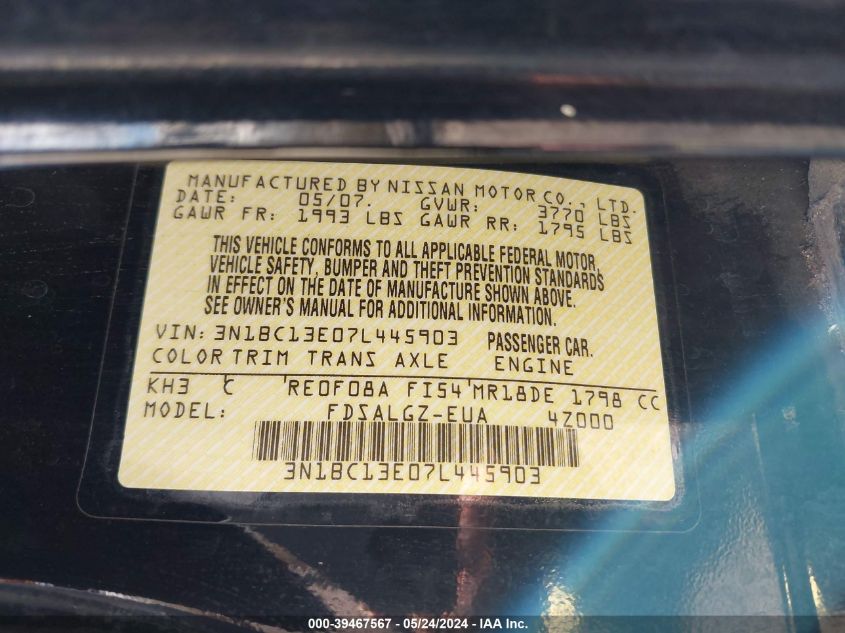 2007 Nissan Versa 1.8Sl VIN: 3N1BC13E07L445903 Lot: 39467567