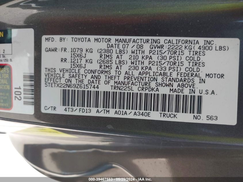 2009 Toyota Tacoma VIN: 5TETX22N69Z615744 Lot: 39467583