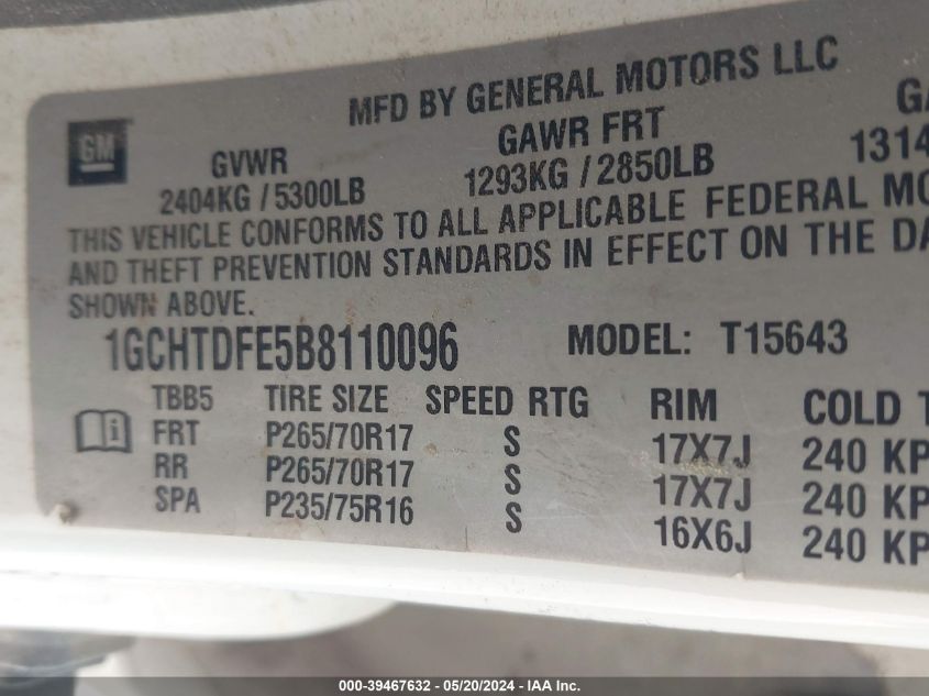 2011 Chevrolet Colorado 2Lt VIN: 1GCHTDFE5B8110096 Lot: 39467632