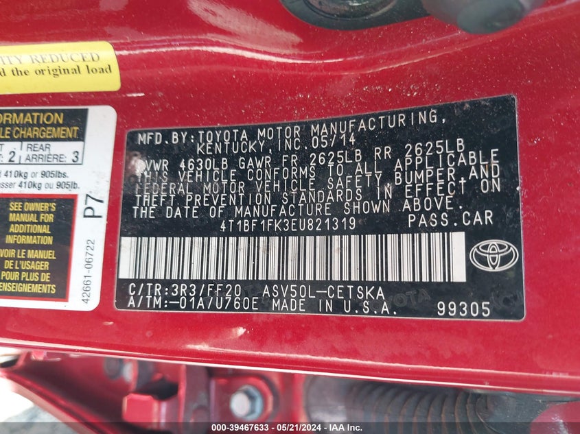 2014 Toyota Camry Se VIN: 4T1BF1FK3EU821319 Lot: 39467633