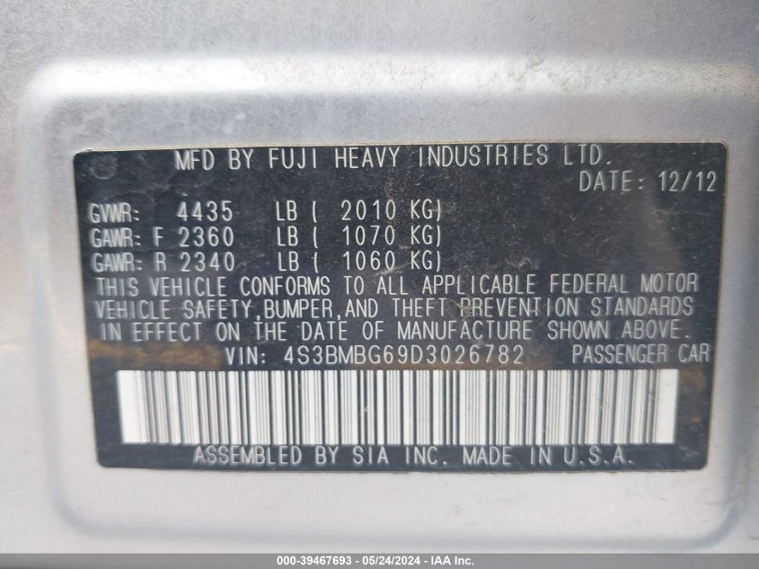 2013 Subaru Legacy 2.5I Premium VIN: 4S3BMBG69D3026782 Lot: 39467693