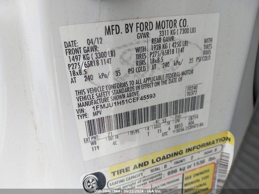 2012 Ford Expedition Xlt VIN: 1FMJU1H51CEF45593 Lot: 39467964