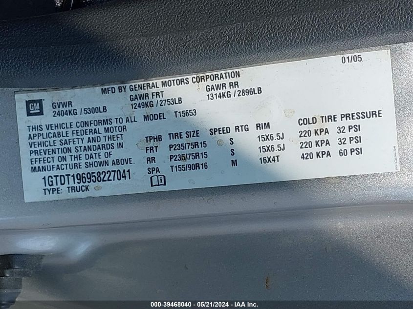 2005 GMC Canyon Sle VIN: 1GTDT196958227041 Lot: 39468040