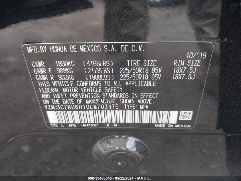 2020 Honda Hr-V Awd Sport VIN: 3CZRU6H10LM703475 Lot: 39468045