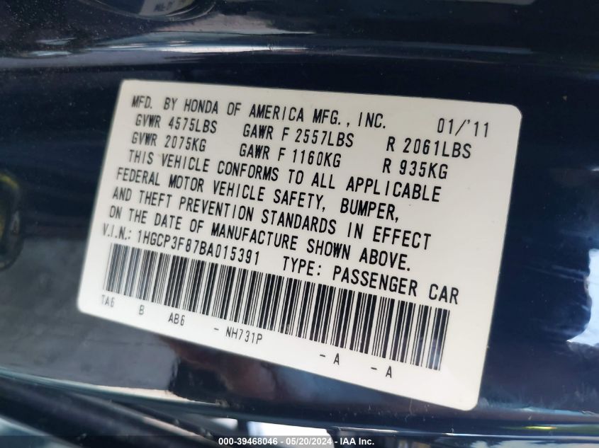 2011 Honda Accord 3.5 Ex-L VIN: 1HGCP3F87BA015391 Lot: 39468046