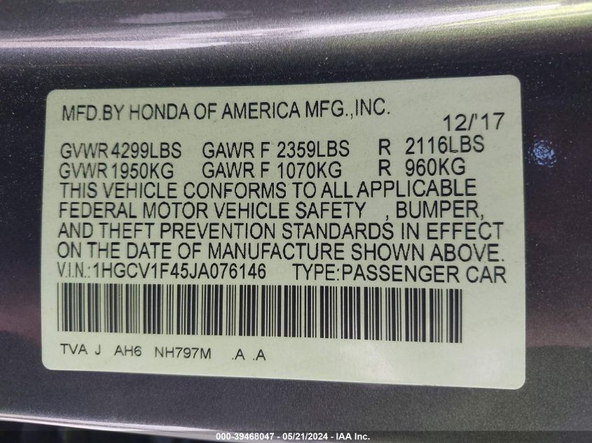 VIN 1HGCV1F45JA076146 2018 HONDA ACCORD EX
