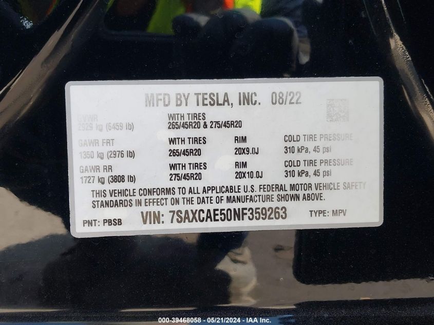 2022 Tesla Model X Dual Motor All-Wheel Drive VIN: 7SAXCAE50NF359263 Lot: 39468058