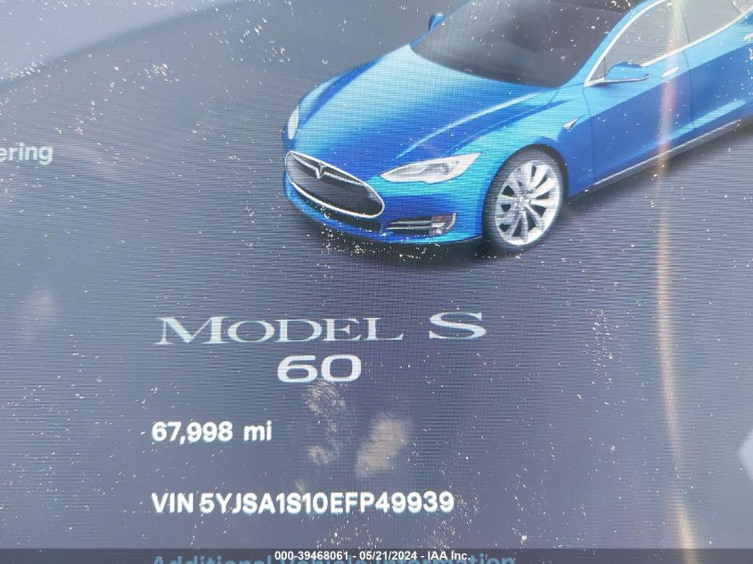 2014 Tesla Model S VIN: 5YJSA1S10EFP49939 Lot: 39468061