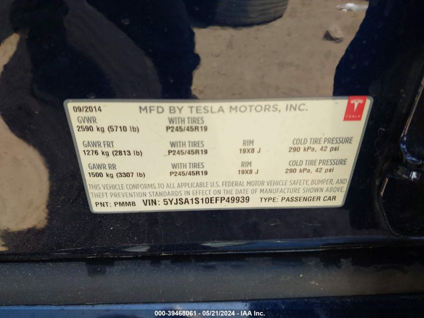 2014 Tesla Model S VIN: 5YJSA1S10EFP49939 Lot: 39468061