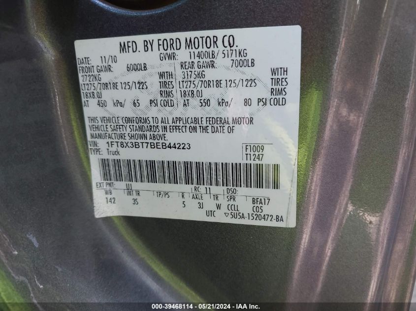 2011 Ford F-350 Xlt VIN: 1FT8X3BT7BEB44223 Lot: 39468114