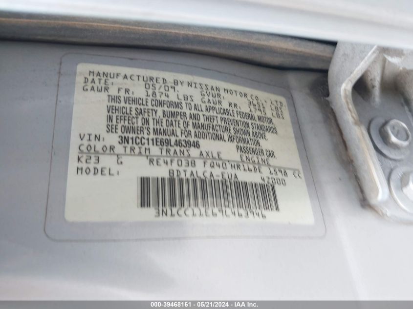 2009 Nissan Versa 1.6 VIN: 3N1CC11E69L463946 Lot: 39468161