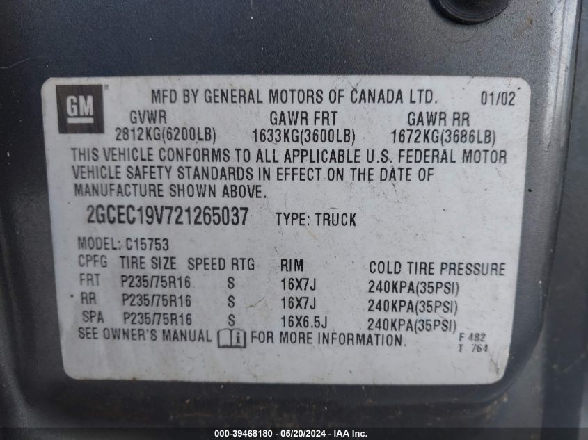 2002 Chevrolet Silverado 1500 Ls VIN: 2GCEC19V721265037 Lot: 39468180