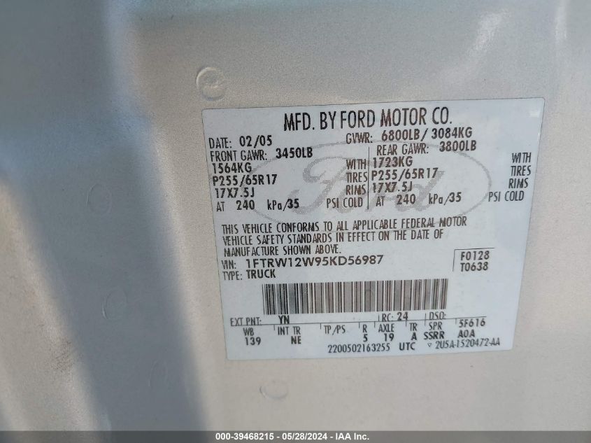 2005 Ford F-150 Xlt VIN: 1FTRW12W95KD56987 Lot: 39468215