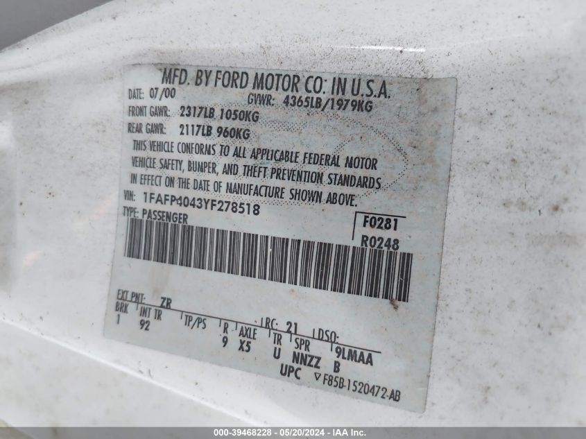 2000 Ford Mustang VIN: 1FAFP4043YF278518 Lot: 39468228