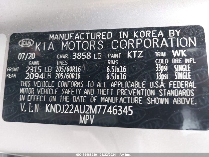 2021 Kia Soul Lx VIN: KNDJ22AU2M7746345 Lot: 39468230