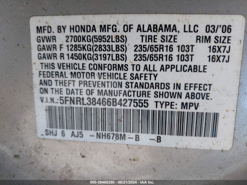 2006 Honda Odyssey Ex VIN: 5FNRL38466B427555 Lot: 39468250