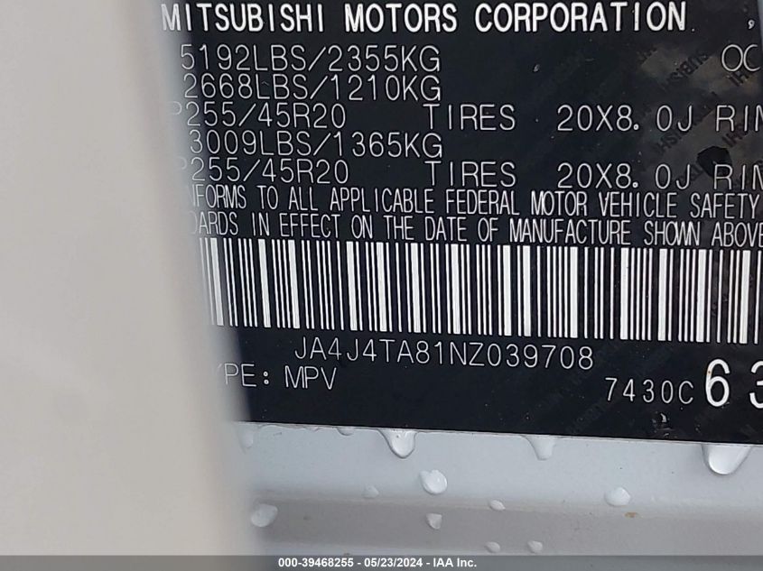 2022 Mitsubishi Outlander Es 2.5 S-Awc VIN: JA4J4TA81NZ039708 Lot: 39468255