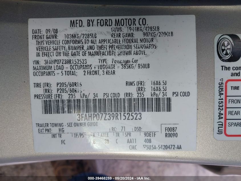 2009 Ford Fusion Se VIN: 3FAHP07Z39R152523 Lot: 39468259