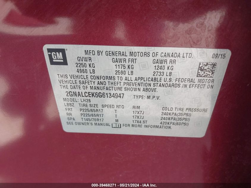 2016 Chevrolet Equinox Lt VIN: 2GNALCEK6G6134947 Lot: 39468271